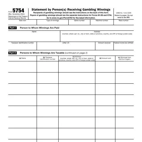 Document preview: Navigating IRS Form 5754 for Shared Gambling Winnings — Taxes (CERFA n°5754)