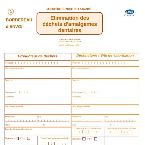 Aperçu du document Formulaire 10787*02 : traçabilité obligatoire des amalgames — Démarches administratives (CERFA n°10787*02)