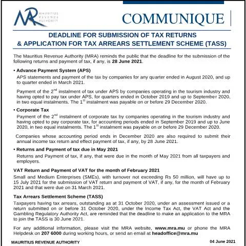 Document preview: Important Tax Submission Deadlines in Mauritius — Taxes (CommuniqueTASS040621)