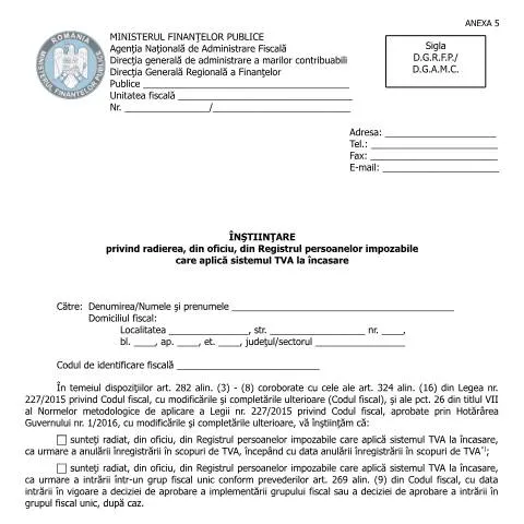 Document preview: Radierea din Registrul persoanelor impozabile TVA la încasare — Impozite & fiscalitate (CERFA n°A5_OPANAF_1503_2016)