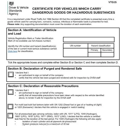 Document preview: ADR Vehicle Safety Declaration: VTG15 Certificate Requirements — Vehicle & driving
