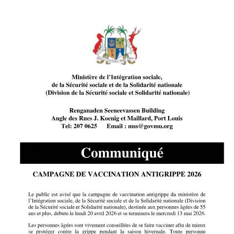 Document preview: Mauritius Announces 2026 Influenza Vaccination Campaign — Government & admin (CERFA n°Communique-Anti-Grippe-29042026)