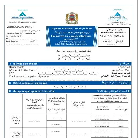 Aperçu du document Déclaration de groupe intégré pour l'impôt sur les sociétés au Maroc — Impôts & fiscalité (CERFA n°ADM330B-17I)