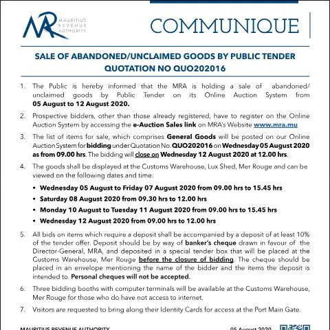 Document preview: Explore the Sale of Unclaimed Goods by Public Tender — Government & admin (CERFA n°CommuniqueQ202016)