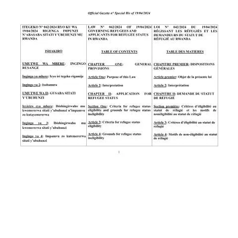 Document preview: Comprehensive Overview of Rwanda's Refugee Law 2024 — Legal & justice (CERFA n°law_n___042_2024_of_19_04_2024_governing_refugees_and___applicants_for_refugee_status___in_rwanda)