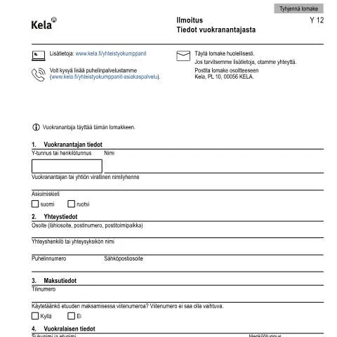 Document preview: Kela Y 12 -lomake: Vuokranantajan ilmoitus ja ohjeet — Asuminen (CERFA n°Kela Y 12)
