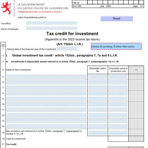 Aperçu du document Guide sur le Crédit d'Investissement 800 E au Luxembourg — Impôts & fiscalité (CERFA n°800 E)
