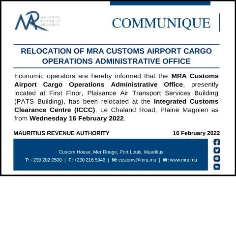 Document preview: New Location for MRA Customs Airport Cargo Operations Office — Government & admin (PATSRelocation)