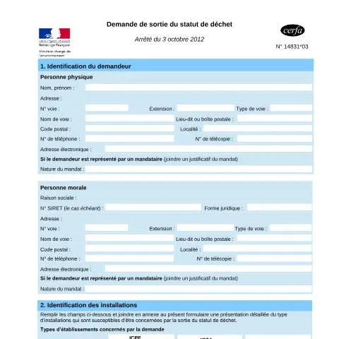 Aperçu du document Comment obtenir la sortie du statut de déchet en France — Démarches administratives (CERFA n°14831*03)