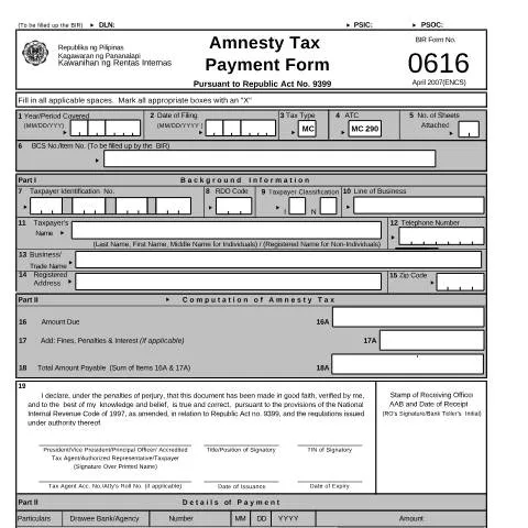 Document preview: Understanding BIR Form 0616: Amnesty Tax Payment in the Philippines — Government & admin (CERFA n°0616)
