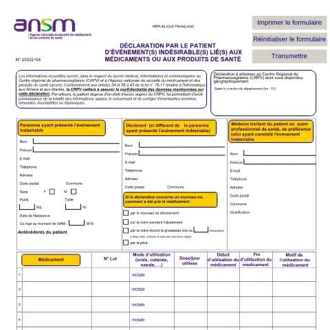 Aperçu du document Comment déclarer un effet indésirable de médicament en France — Santé (CERFA n°15031*04)