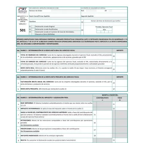 Vista previa del documento Cómo completar el formulario N° 501 para Régimen Simple IRE en — Impuestos (CERFA n°F501)