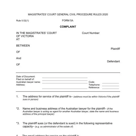 Document preview: Guide to Magistrates' Court of Victoria Complaint Form 5A — Legal & justice (5A)