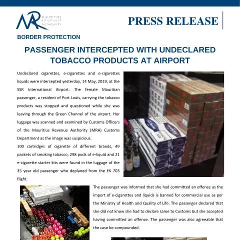 Document preview: Undeclared Tobacco Products: A Cautionary Tale for Travelers — Government & admin (PressRelease150519)