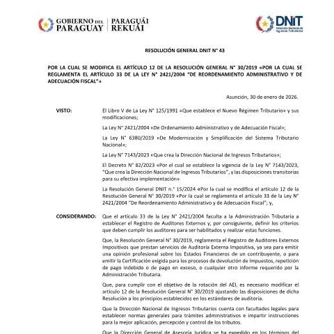 Vista previa del documento Formulario RG DNIT N° 43 2026 para Auditores Externos — Impuestos