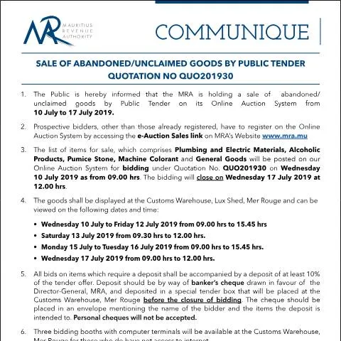 Document preview: Guide to Bidding on Abandoned and Unclaimed Goods — Government & admin (Communique30of2019)