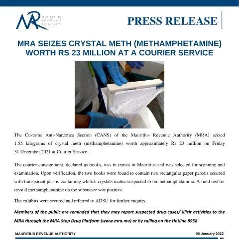 Document preview: MRA's Major Crystal Meth Seizure: A Step Against Drug Trafficking — Government & admin (PressRelease050122)