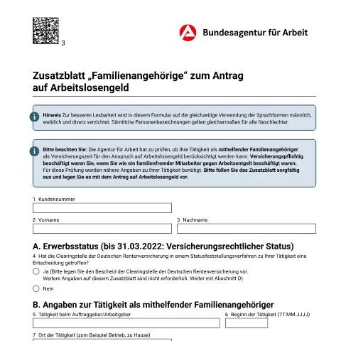 Dokumentvorschau: Zusatzblatt für Familienangehörige im Arbeitslosengeldantrag — Arbeit & Beschäftigung (CERFA n°zb-familie_ba022715)