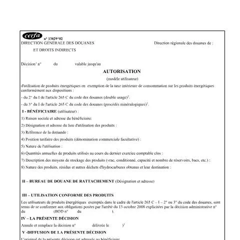 Aperçu du document Autorisation d'exemption TICPE : guide du formulaire 13829*02 — Démarches administratives (CERFA n°13829*02)