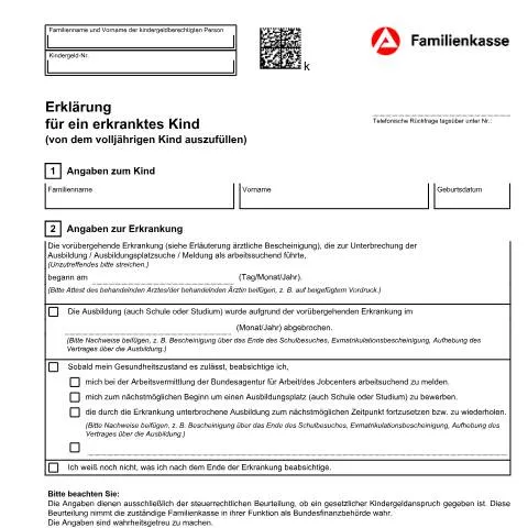 Dokumentvorschau: Formular KG 9a: Unterstützung für erkrankte volljährige Kinder — Familie (CERFA n°kg9a_ba036150)