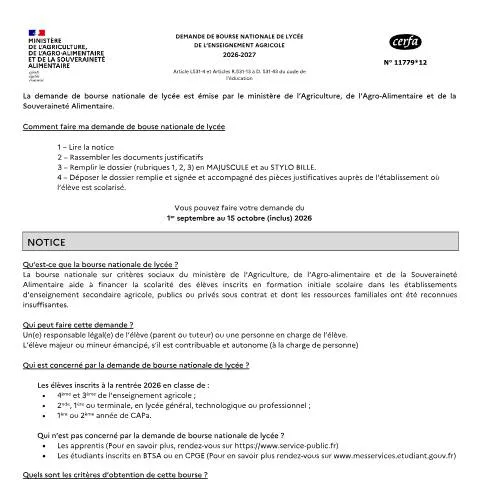 Aperçu du document Bourse nationale d'études agricoles : guide du formulaire 11779*11 — Études & formation (CERFA n°11779*11)