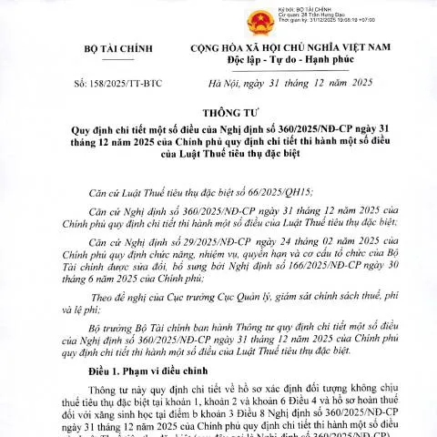Document preview: Hướng dẫn thực hiện Thông tư 158/2025/TT-BTC về thuế tiêu thụ đặc biệt — Thuế & tài chính (CERFA n°158/2025/TT-BTC)