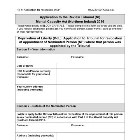 Document preview: Review Tribunal Form 4 for Nominated Person Revocation — Legal & justice (Review Tribunal Form 4)