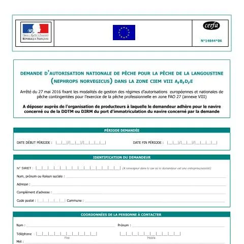 Aperçu du document Autorisation Nationale Pêche Langoustine : Zones CIEM VIII Gascogne — Démarches administratives (CERFA n°14844*06)