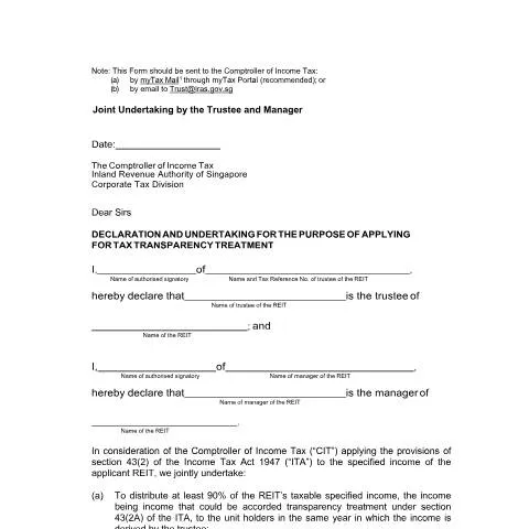 Document preview: Understanding the IRAS Joint Undertaking Form for Tax Transparency — Taxes (CERFA n°REITS---JOINT-UNDERTAKING-BY-TRUSTEE-AND-MANAGER_11-JUL-2019_SIGNED)