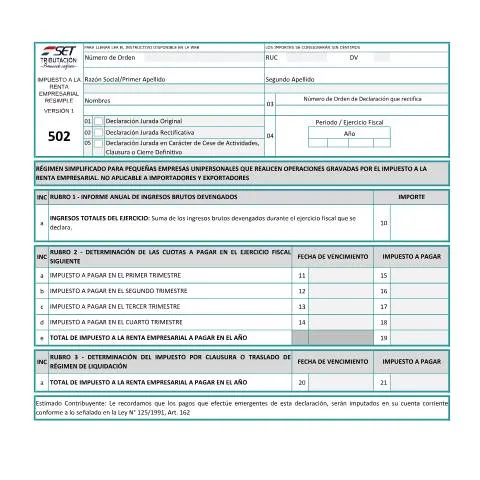 Vista previa del documento Formulario 502 IRE RESIMPLE Paraguay — Impuestos (CERFA n°F502)