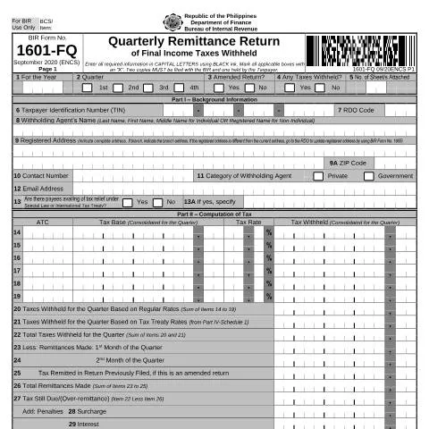 Document preview: Understanding BIR Form No. 1601-FQ for Businesses — Government & admin (CERFA n°1601-FQ)