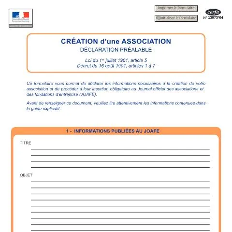 Aperçu du document Déclarer officiellement votre association : guide des formalités — Démarches administratives (CERFA n°13973*04)
