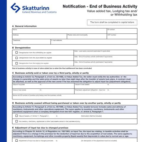 Document preview: Tilkynning um lokun atvinnurekstrar - RSK 5.04 — Stjórnsýsla (CERFA n°RSK 5.04)