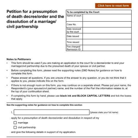 Document preview: Understanding Form D8D for Presumed Death Decrees — Legal & justice