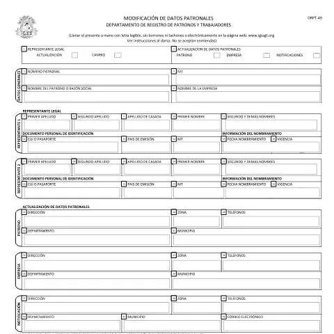 Vista previa del documento Actualización de Datos Patronales con el Formulario DRPT-49 IGSS — Trámites administrativos (CERFA n°DRPT-49)