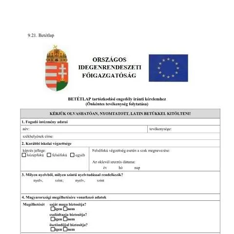 Document preview: Önkéntes Tevékenység és Betétlap Kérelem Magyarországon — Bevándorlás & vízumok