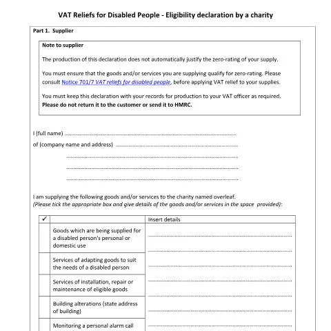 Document preview: Declaration of Eligibility for VAT Relief: Charity Requirements — Taxes
