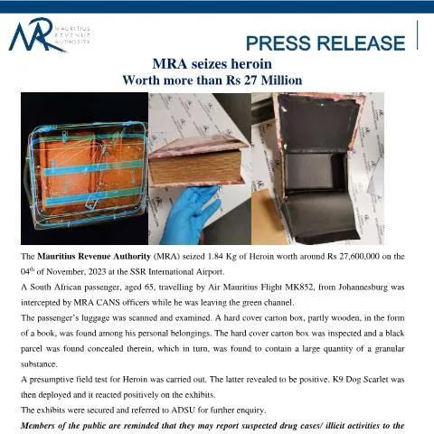 Document preview: Significant Heroin Seizure by MRA at SSR International Airport — Government & admin (PressRelease081123)