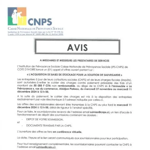 Aperçu du document Opportunité d'Acquisition de Baies de Stockage par la CNPS — Démarches administratives