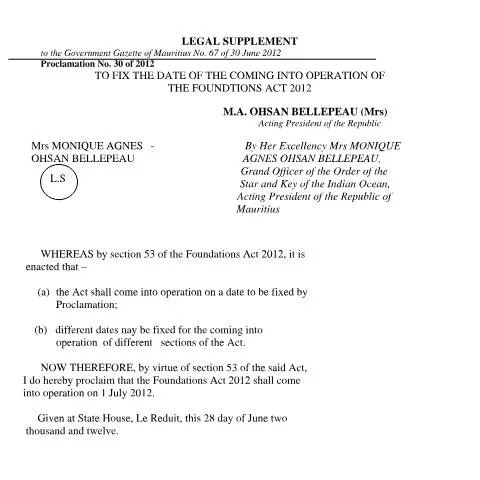 Document preview: Understanding the Foundations Act 2012 of Mauritius — Government & admin (FOUNDATIONACT)