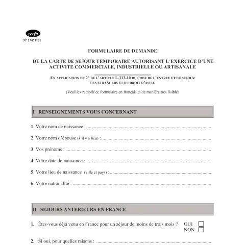 Aperçu du document Autorisation préfectorale pour l'entrepreneuriat étranger en France — Immigration & visas (CERFA n°13473*01)