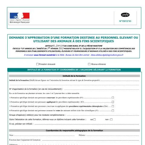Aperçu du document Approbation des formations en expérimentation animale : guide complet — Études & formation (CERFA n°15012*03)