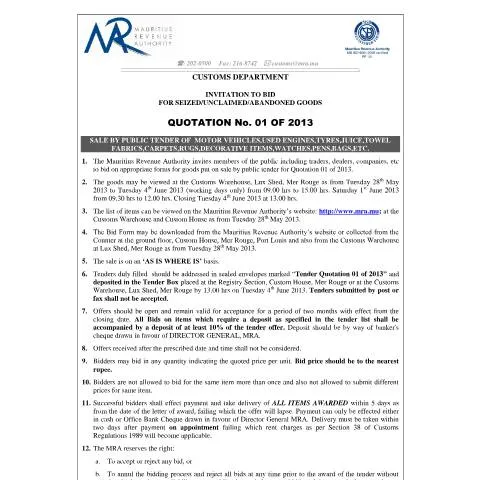 Document preview: Participate in the Seized Goods Bidding Process — Government & admin (NoticeQ01of2013)
