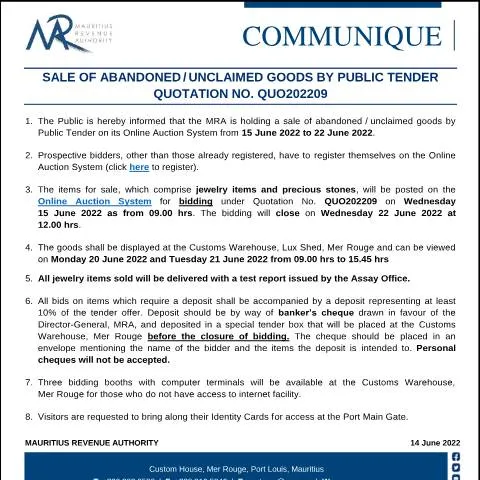 Document preview: Understanding Public Tender Sales of Unclaimed Goods in Mauritius — Government & admin (CommuniqueQUO202209)