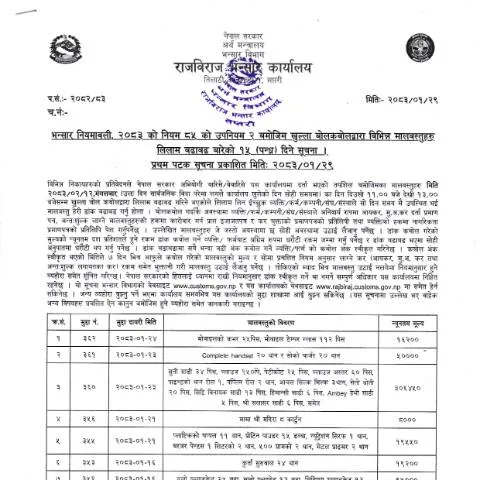 Document preview: राजविराज भन्सार कार्यालयको मालबस्तु लिलाम प्रक्रिया — प्रशासनिक प्रक्रिया (CERFA n°राजविराज भन्सार कार्यालयको मालबस्तु लिलाम सम्बन्धी सूचना २०८३ ०१ २९ 1vfghsw)