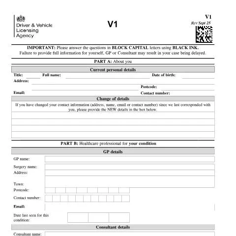 Document preview: How to Report Vision Changes to DVLA Using Form V1 — Health