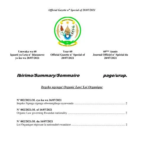 Document preview: Understanding the Organic Law on Rwandan Nationality — Government & admin (CERFA n°og_special_of_28.07.2021_ubwenegihugu_nyarwanda)