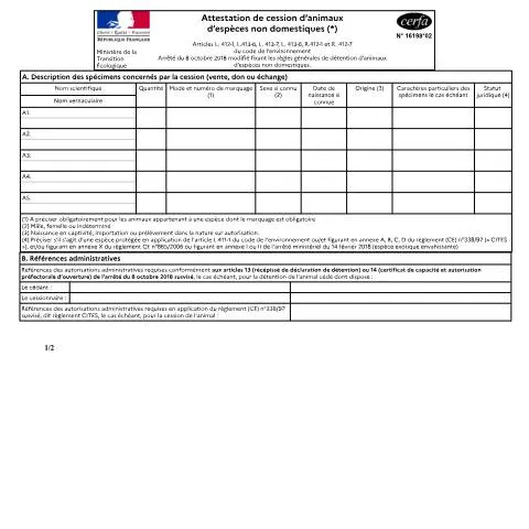 Aperçu du document Attestation de cession d'animaux non domestiques : démarches — Démarches administratives (CERFA n°16198*02)