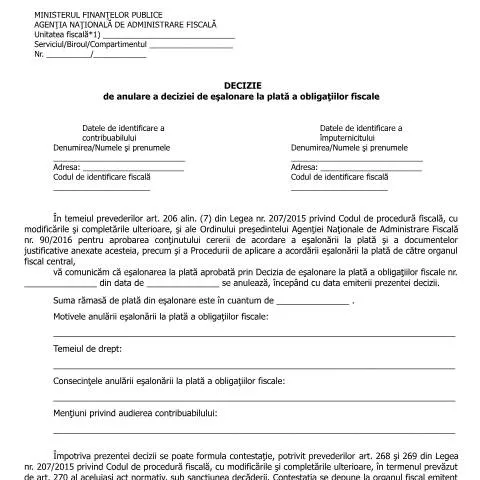 Document preview: Anularea eșalonării fiscale conform OPANAF 90/2016 — Impozite & fiscalitate (CERFA n°A30p_OPANAF_90_2016)