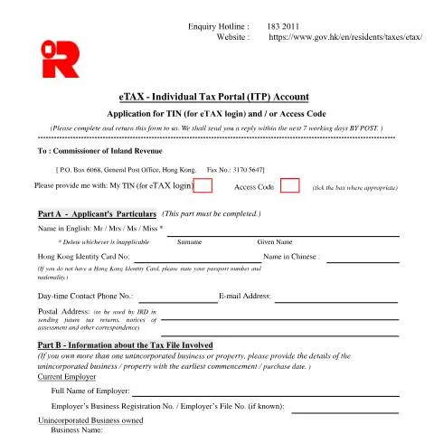 Document preview: Understanding TIN and Access Code Application in Hong Kong — Government & admin (CERFA n°IR 6104)